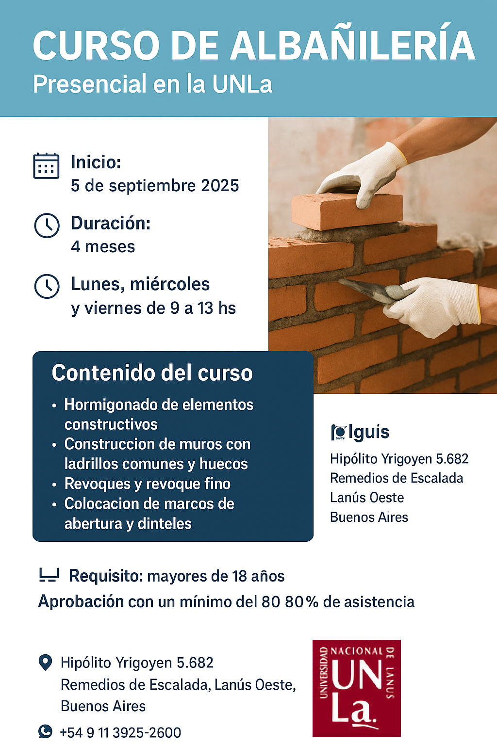 Curso Presencial de Albañilería en la UNLa: inicio 5 de septiembre 2025