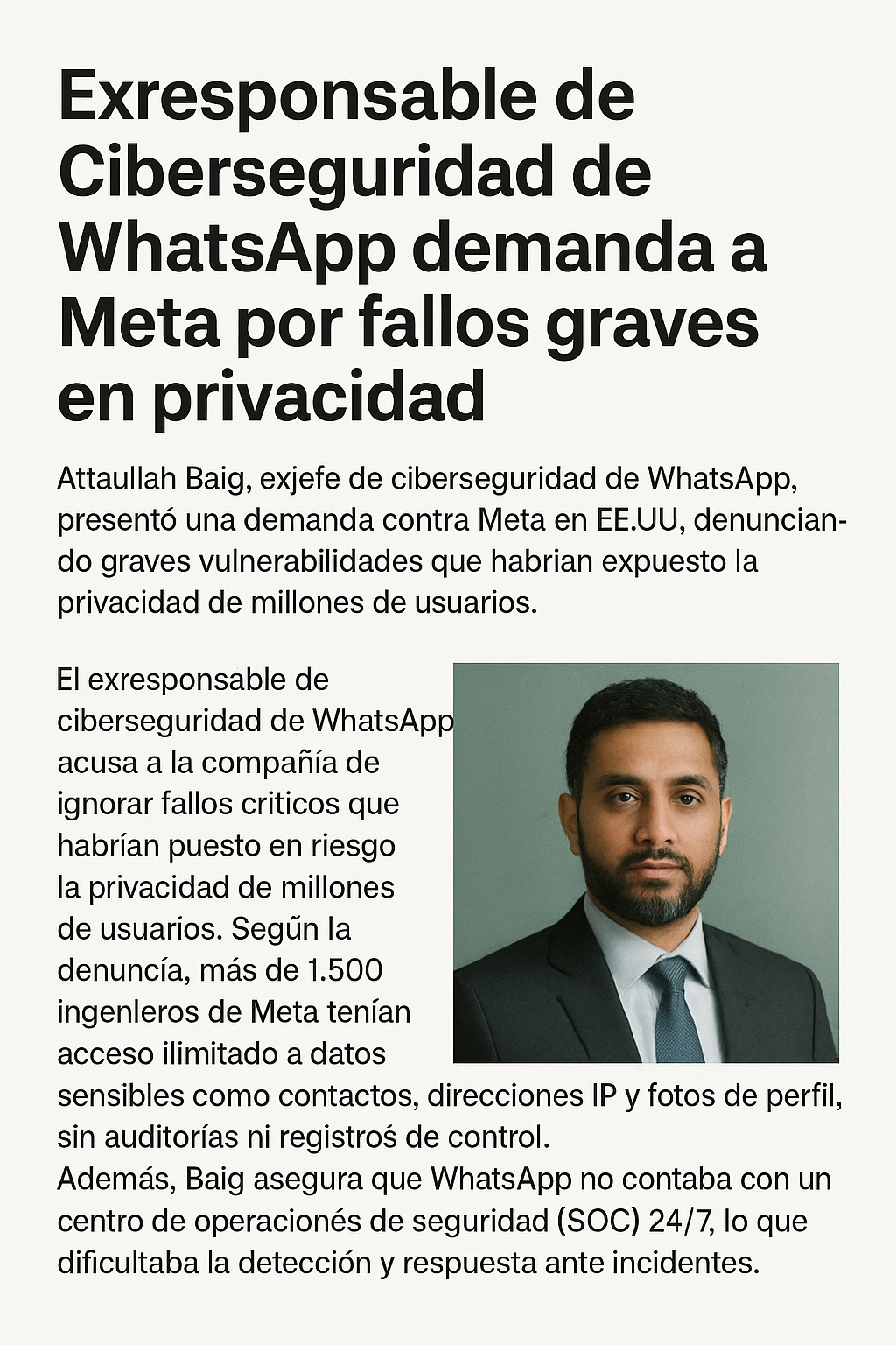 Exjefe de Ciberseguridad de WhatsApp demanda a Meta por fallos en protección de datos