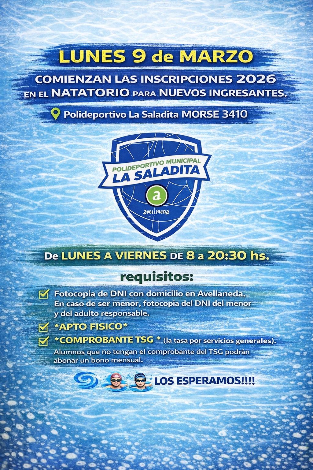 Comienzan las inscripciones 2026 en el Natatorio Municipal La Saladita  El Natatorio Municipal La Saladita abre sus inscripciones para el ciclo 2026.
